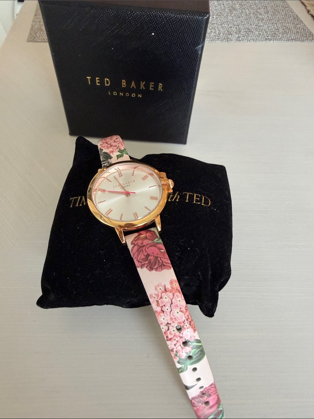TED BAKER Gold-Tone Case Watch with Pink Floral Leather Strap